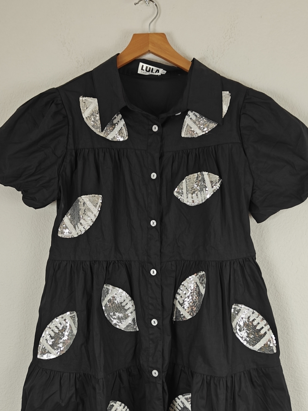 Lula the Label Black Sequin Football Shirt Dress Game Day Glam Puff Sleeve Mini - Picture 6 of 16
